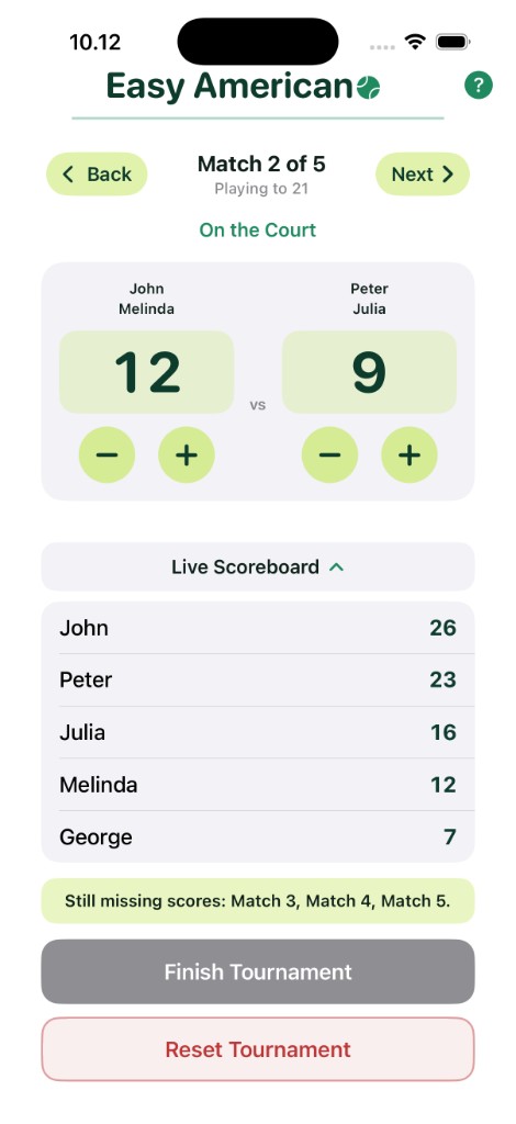 Easy Americano live match with score controls and live scoreboard