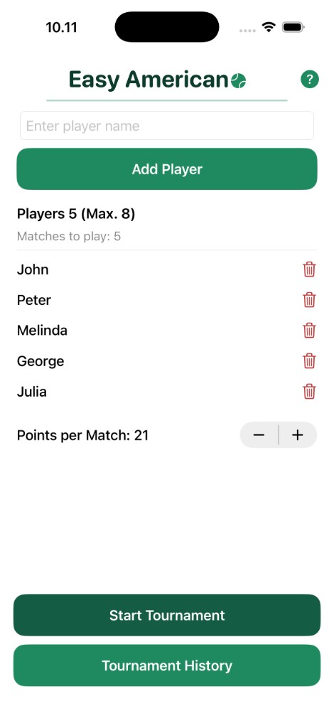 Player setup screen with five names ready to start a tournament