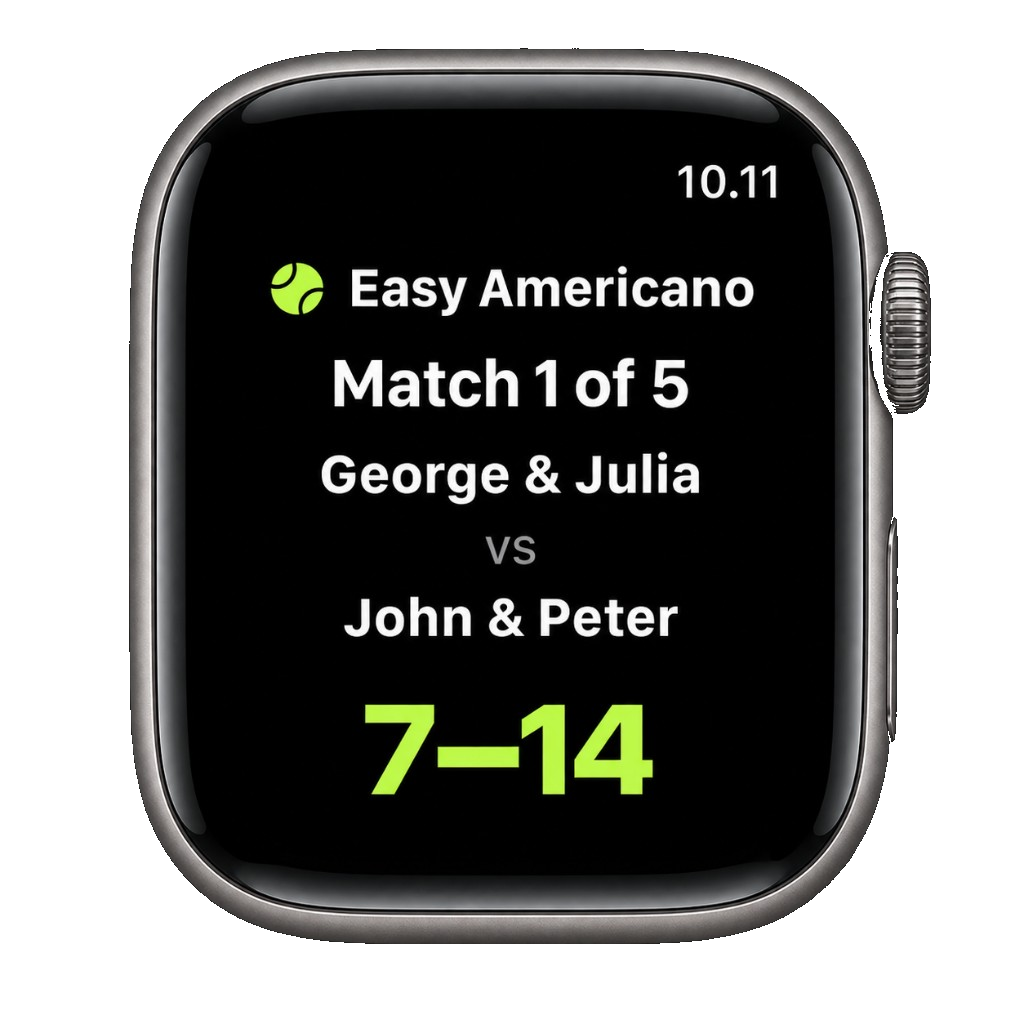 Apple Watch showing Easy Americano match 1 of 5, George and Julia versus John and Peter, score 7 to 14